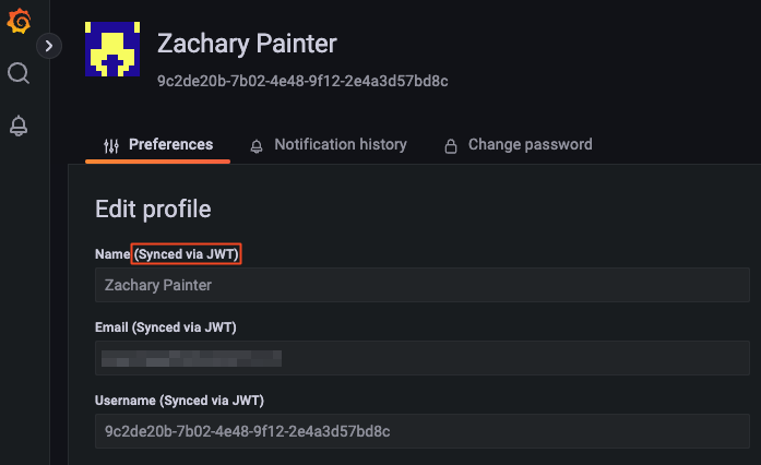 Viewing the user's profile information synced from the JWT in Grafana